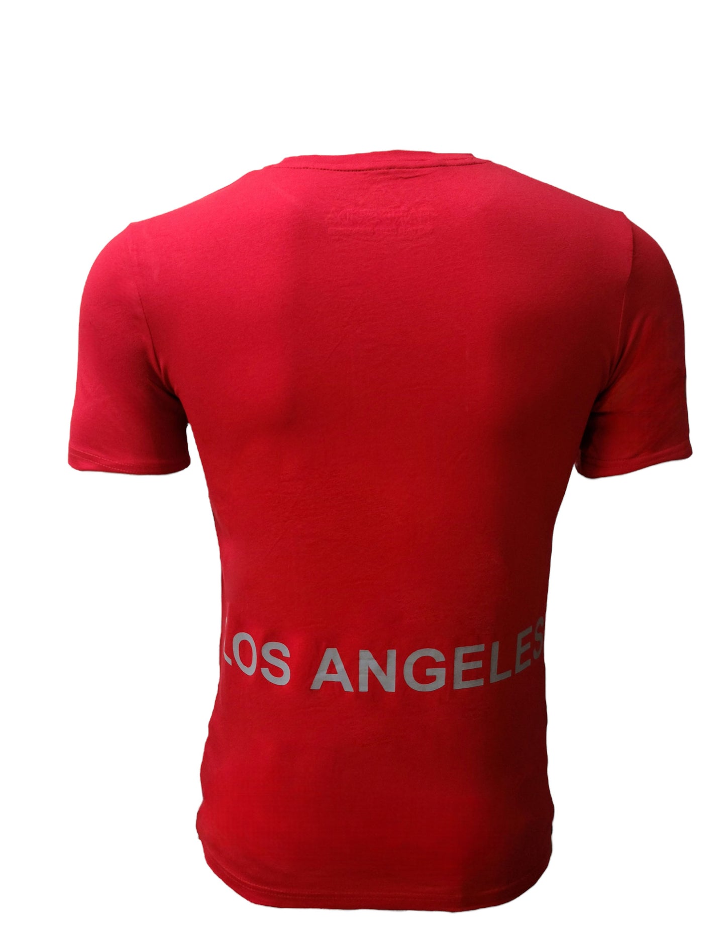 Back view – red HardSoda tee with LOS ANGELES text print – Small

