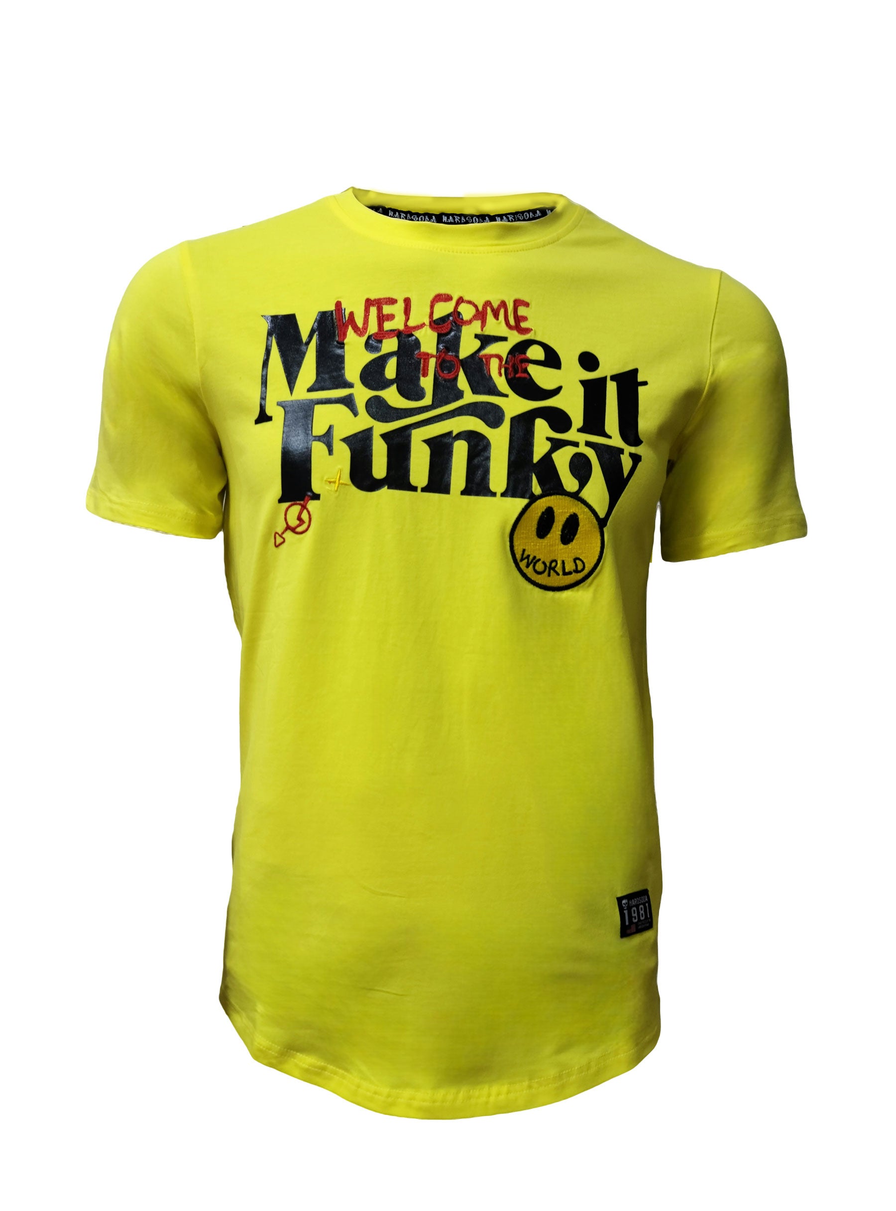 HardSoda unisex yellow t-shirt with funky front text and smiley patch – Large size