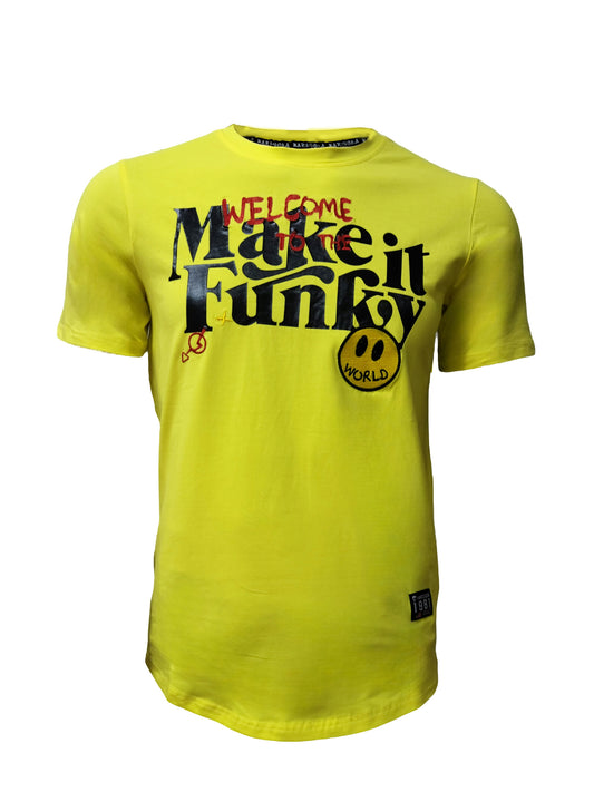 HardSoda unisex yellow t-shirt with funky front text and smiley patch – Large size