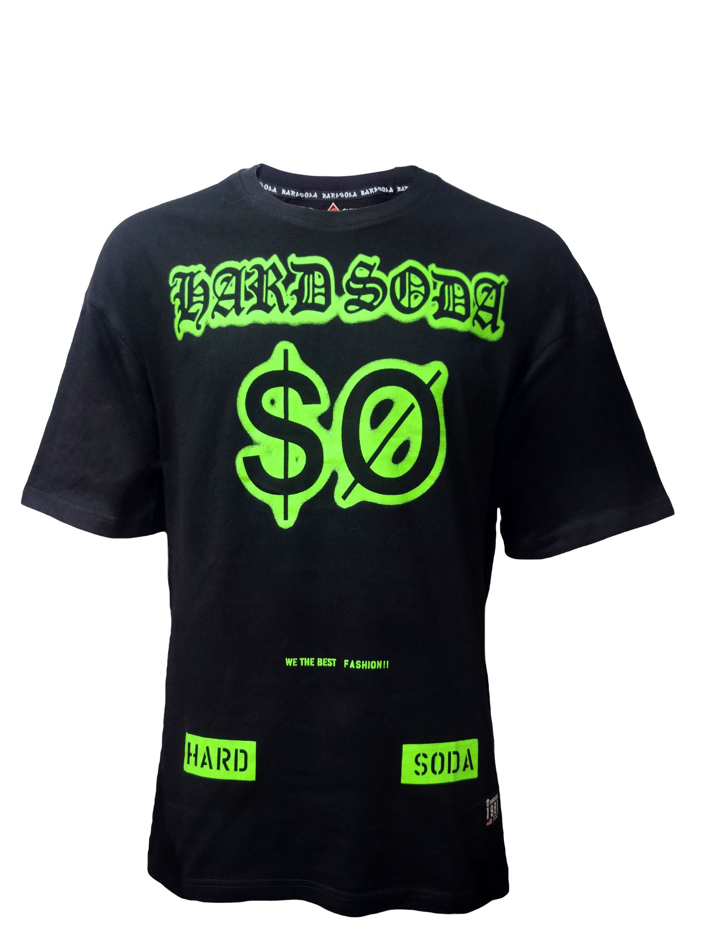 HardSoda unisex black t-shirt with neon green $Ø front graphic – 3XL size