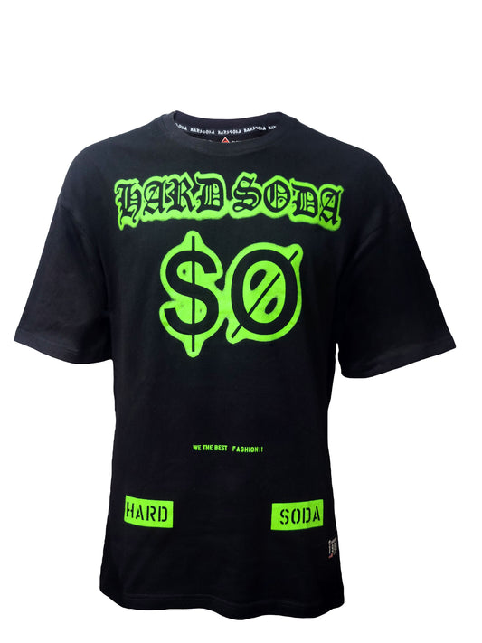 HardSoda unisex black t-shirt with neon green $Ø front graphic – 3XL size