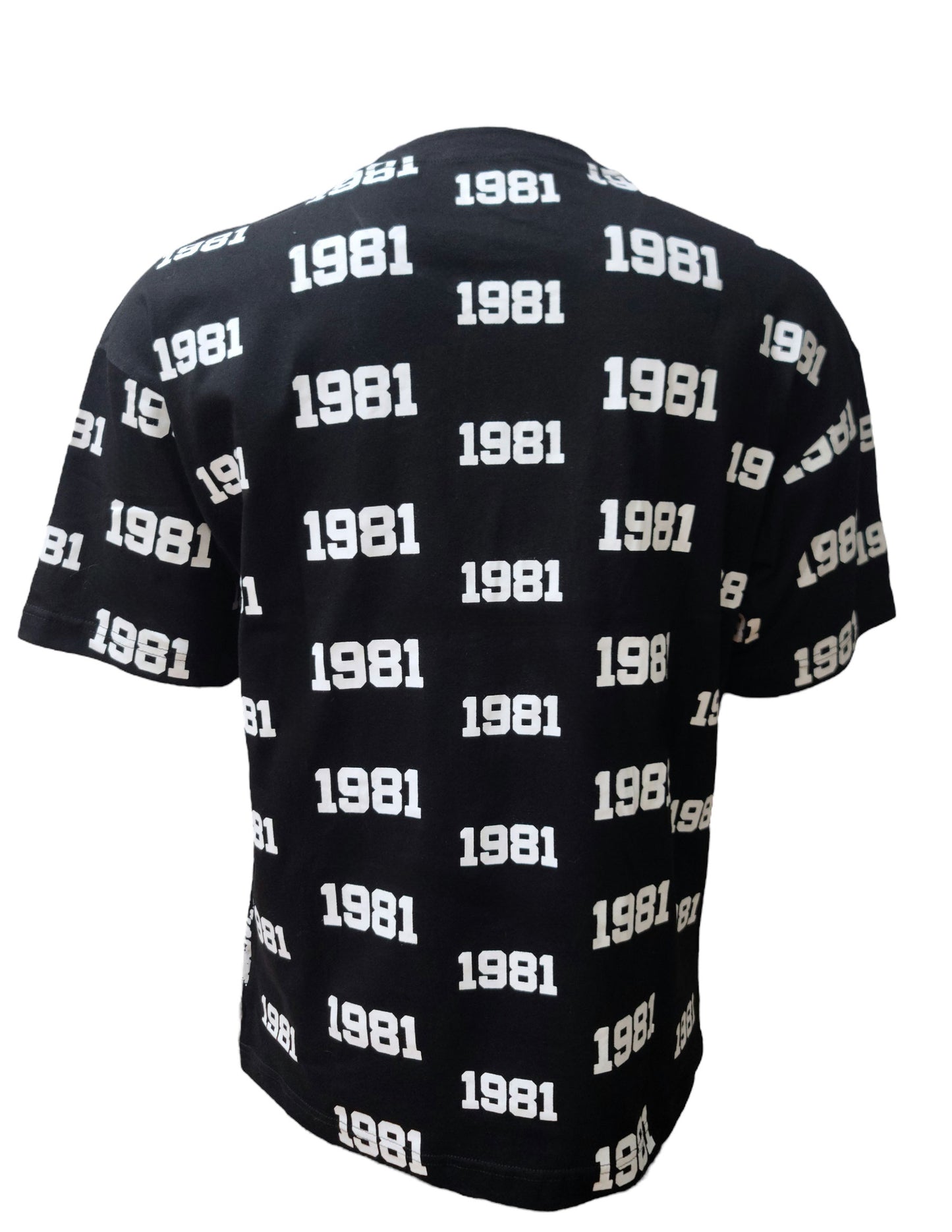 Back view – all-over white ‘1981’ print on black cotton t-shirt – XL size