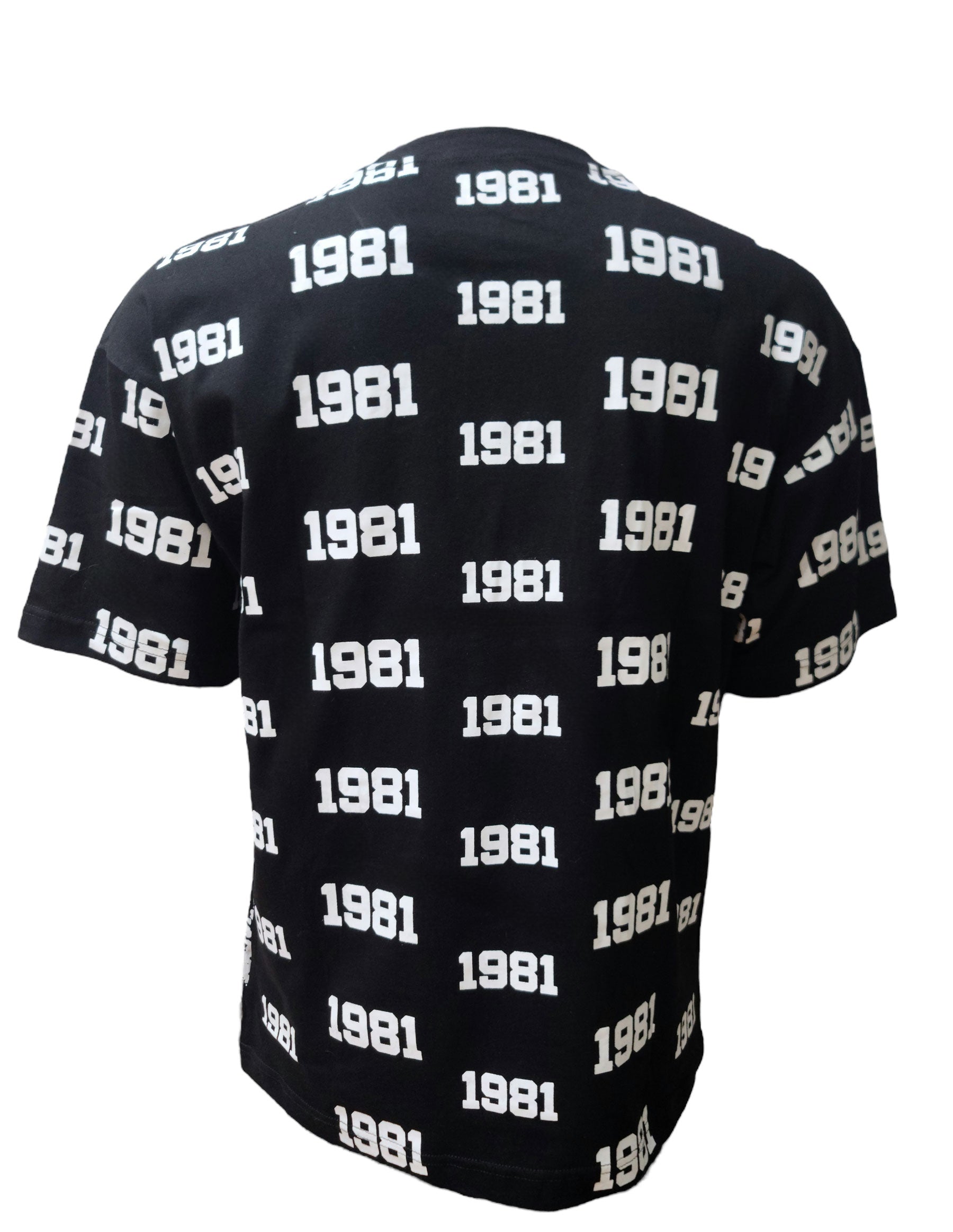 Back view – all-over white ‘1981’ print on black cotton t-shirt – XL size