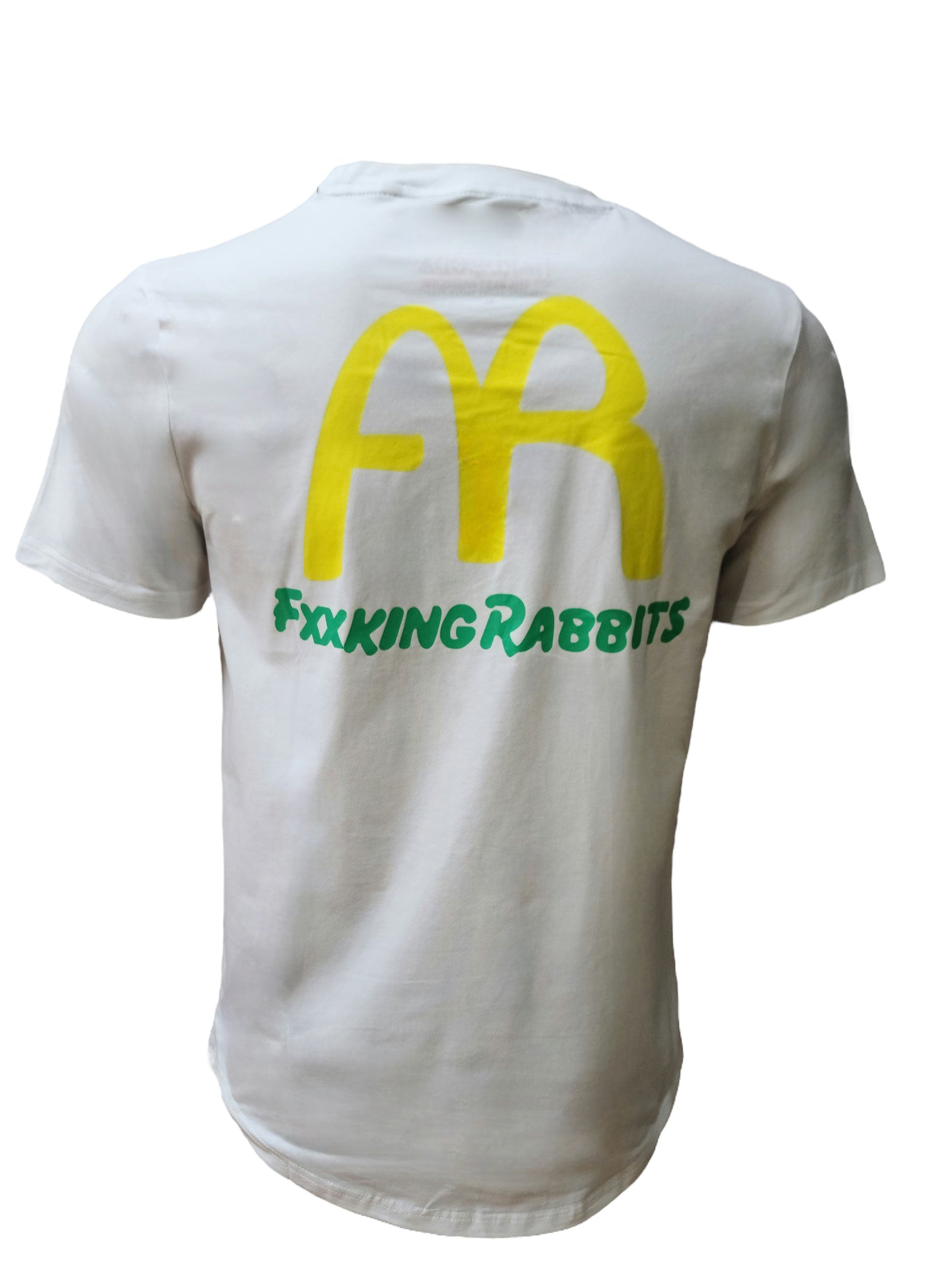 Back view – white tee with “FR Fxxking Rabbits” bold yellow and green print – XL