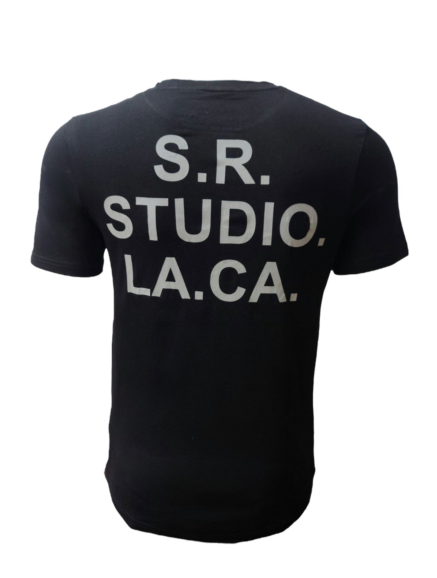 Back view – black HardSoda tee with bold S.R. STUDIO. LA.CA. print – Medium