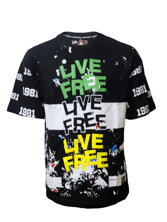 HardSoda black t-shirt with bold LIVE FREE text print and paint splash design – XL