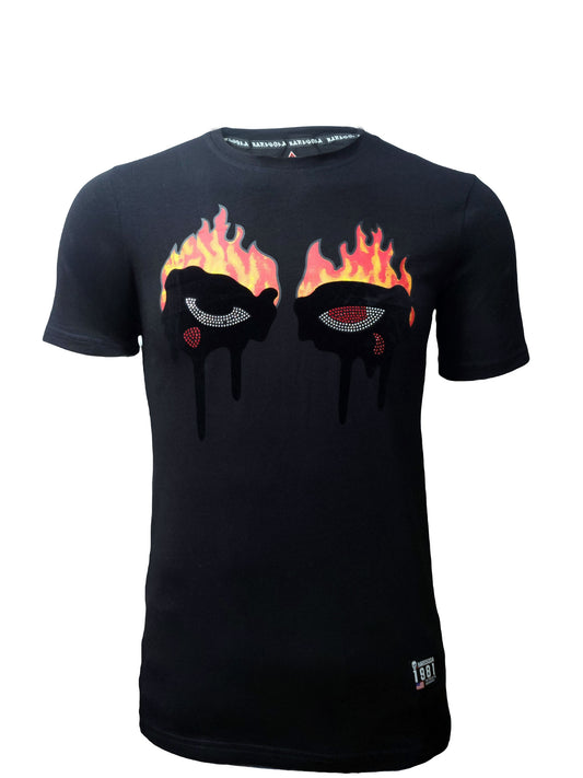 HardSoda unisex black graphic t-shirt with flame eyes design – small size

