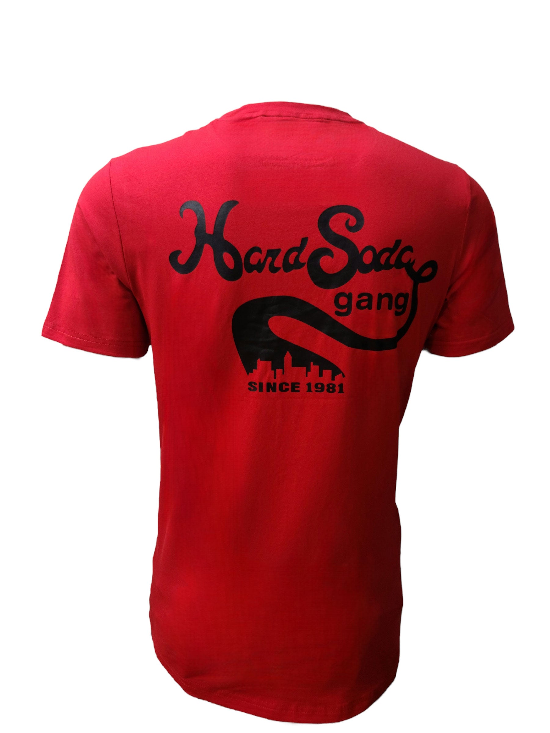 Back view – red HardSoda tee with “HardSoda Gang Since 1981” graphic – XL