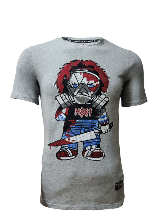  HardSoda unisex grey t-shirt with rhinestone killer cartoon print – Medium