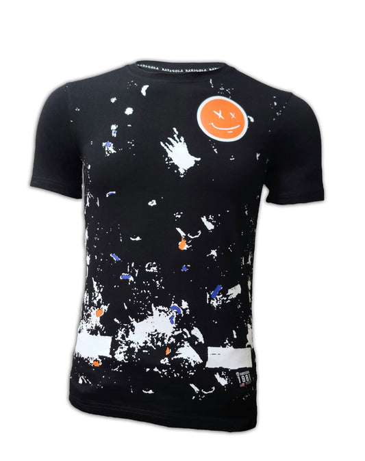 Hard Soda unisex black t-shirt with front splatter graphic and orange emoji design