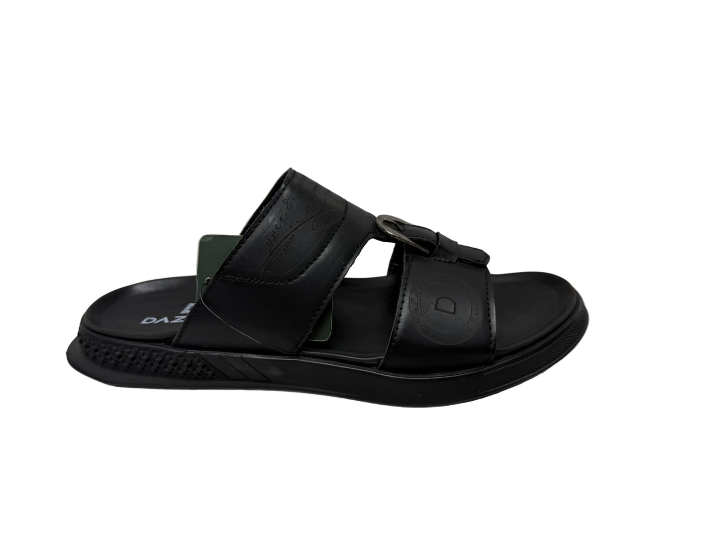 Black sandal on a white surface with a light gray background