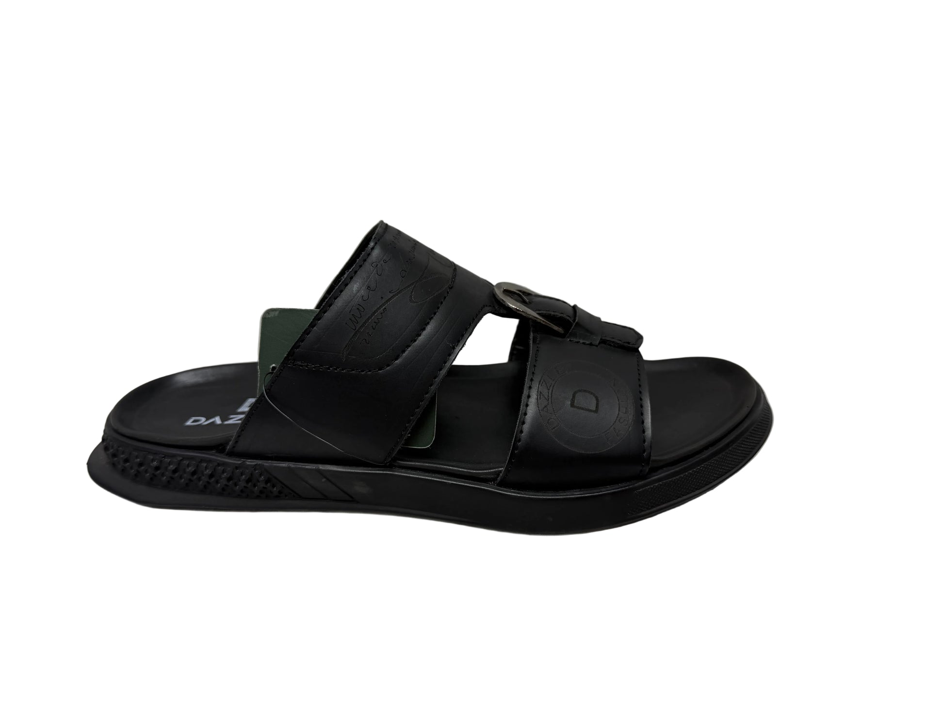 Black sandal on a white surface with a light gray background