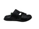 Black sandal on a white surface with a light gray background