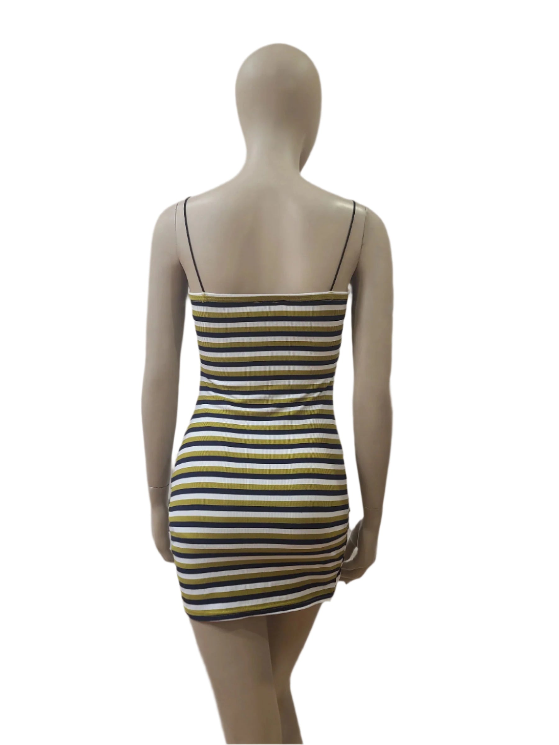Back view of sleeveless striped mini dress in black, yellow, and white

