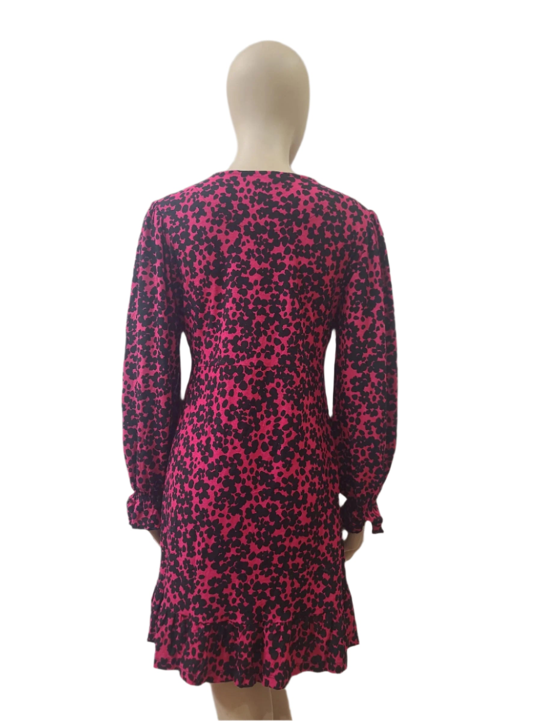 Back view of maroon floral mini dress with clean finish