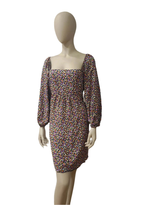 Front view of floral square-neck mini dress with puff sleeves