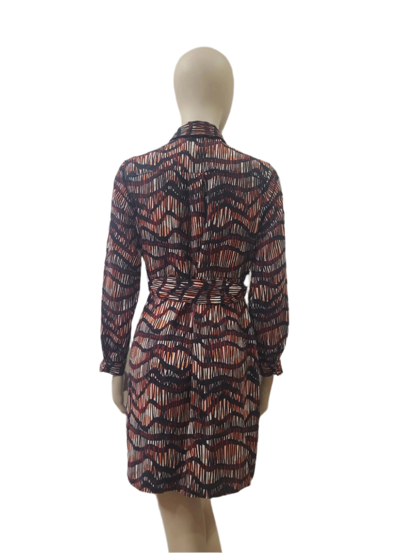  Back view of multicolor printed mini dress with full sleeves