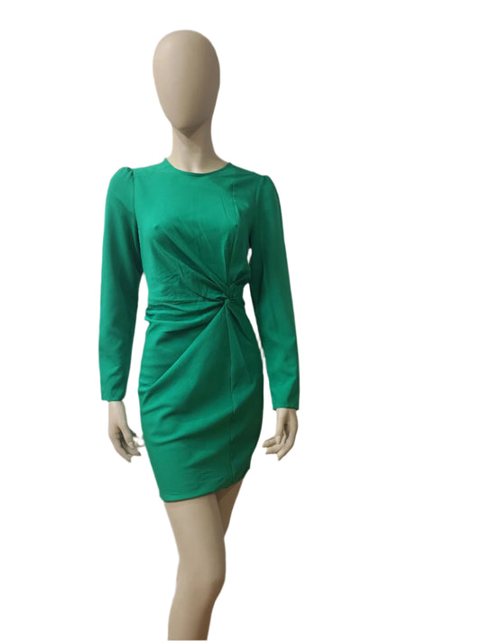 Front view of solid green mini dress with ruched detail and full sleeves