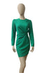 Front view of solid green mini dress with ruched detail and full sleeves