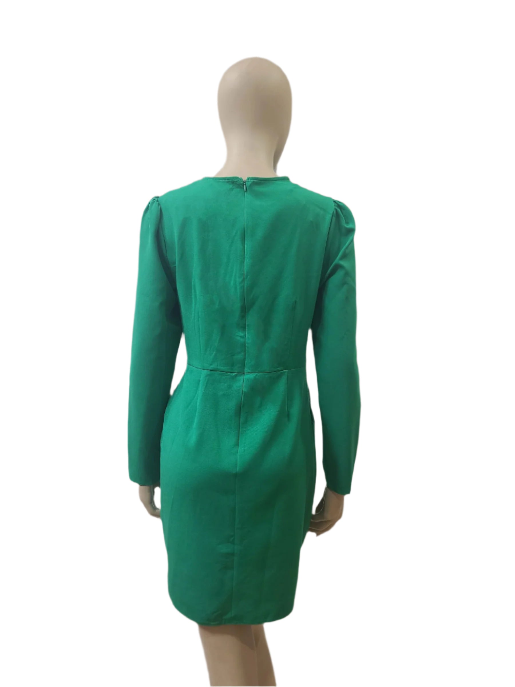 Back view of plain green mini dress with zip closure
