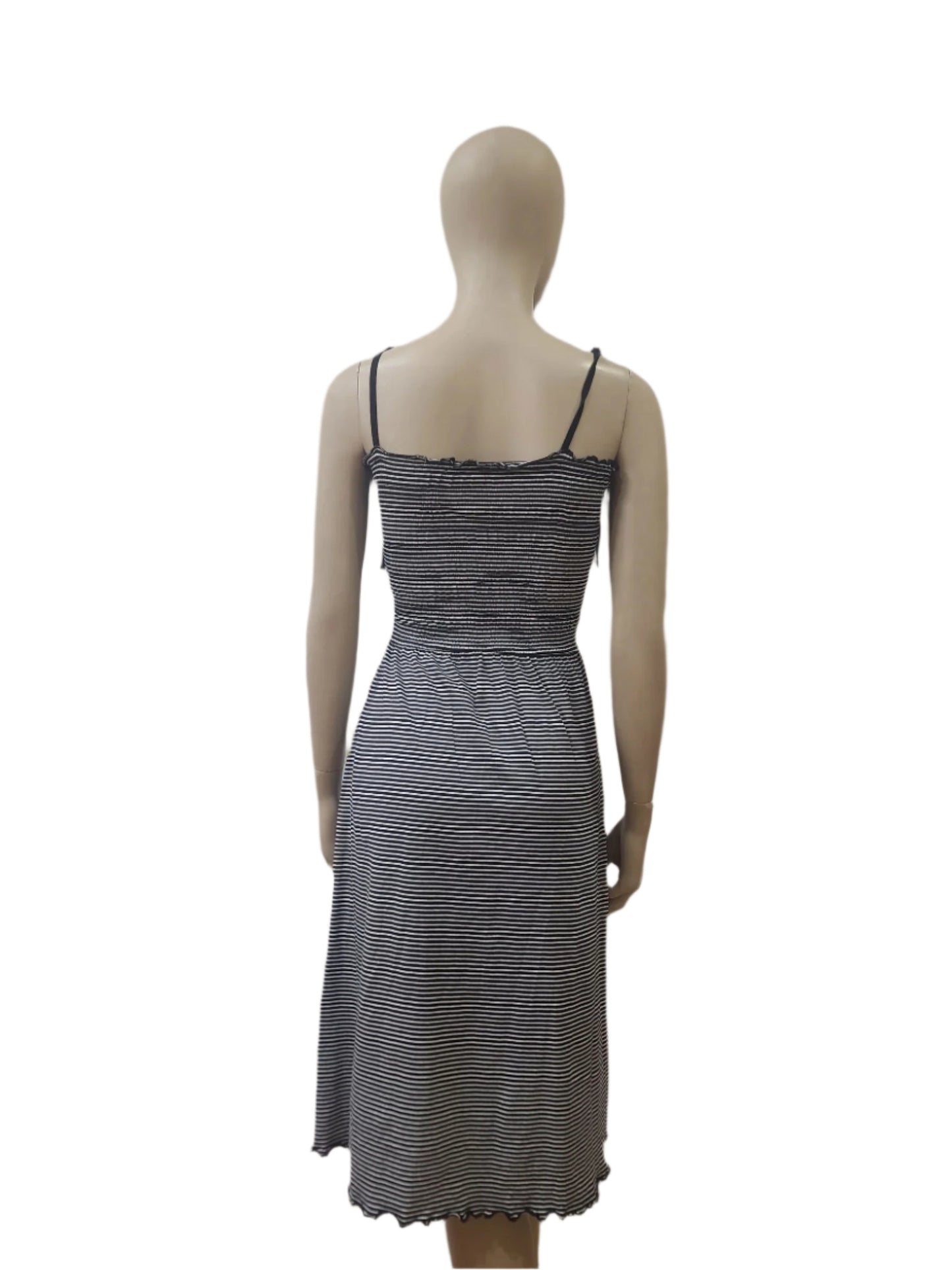 Back view of striped cotton midi dress with stretch fit