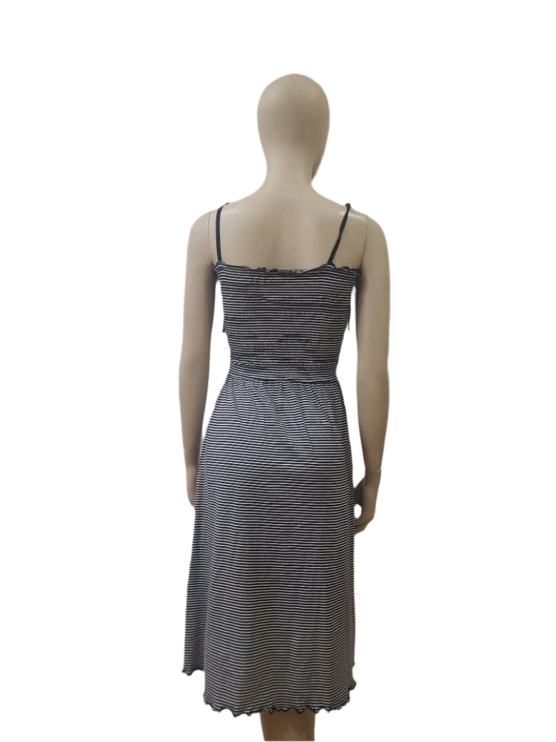 Back view of striped cotton midi dress with stretch fit