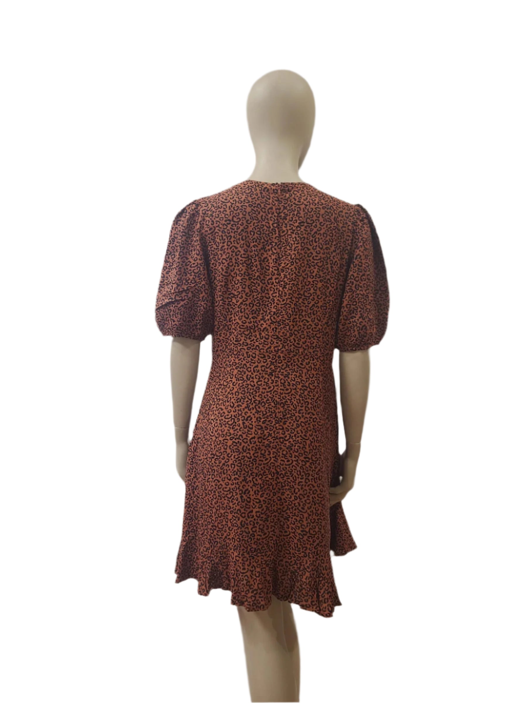 Back view of brown leopard mini dress with short sleeves and zip closure
