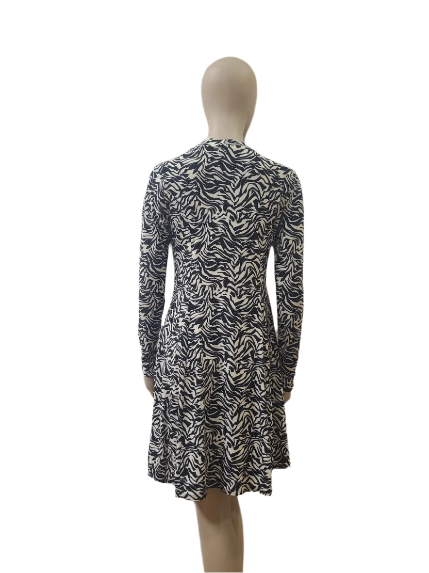 Back view of zebra pattern cotton mini dress with zip closure