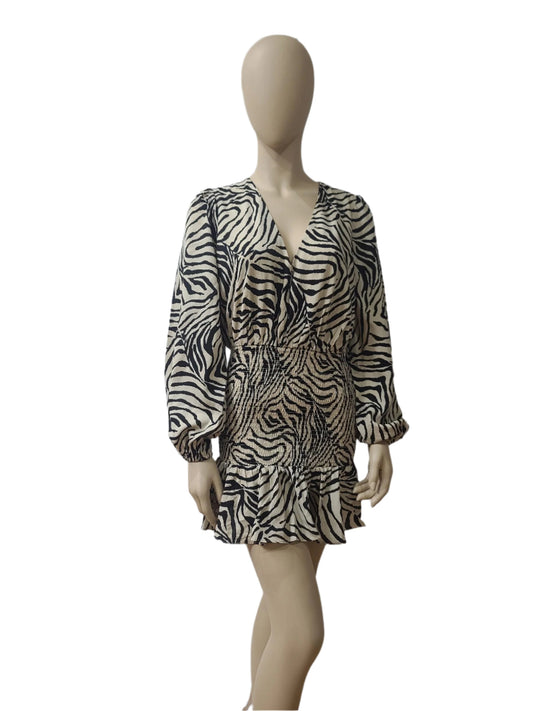 Front view of Calli zebra print mini dress with V-neck and full sleeves