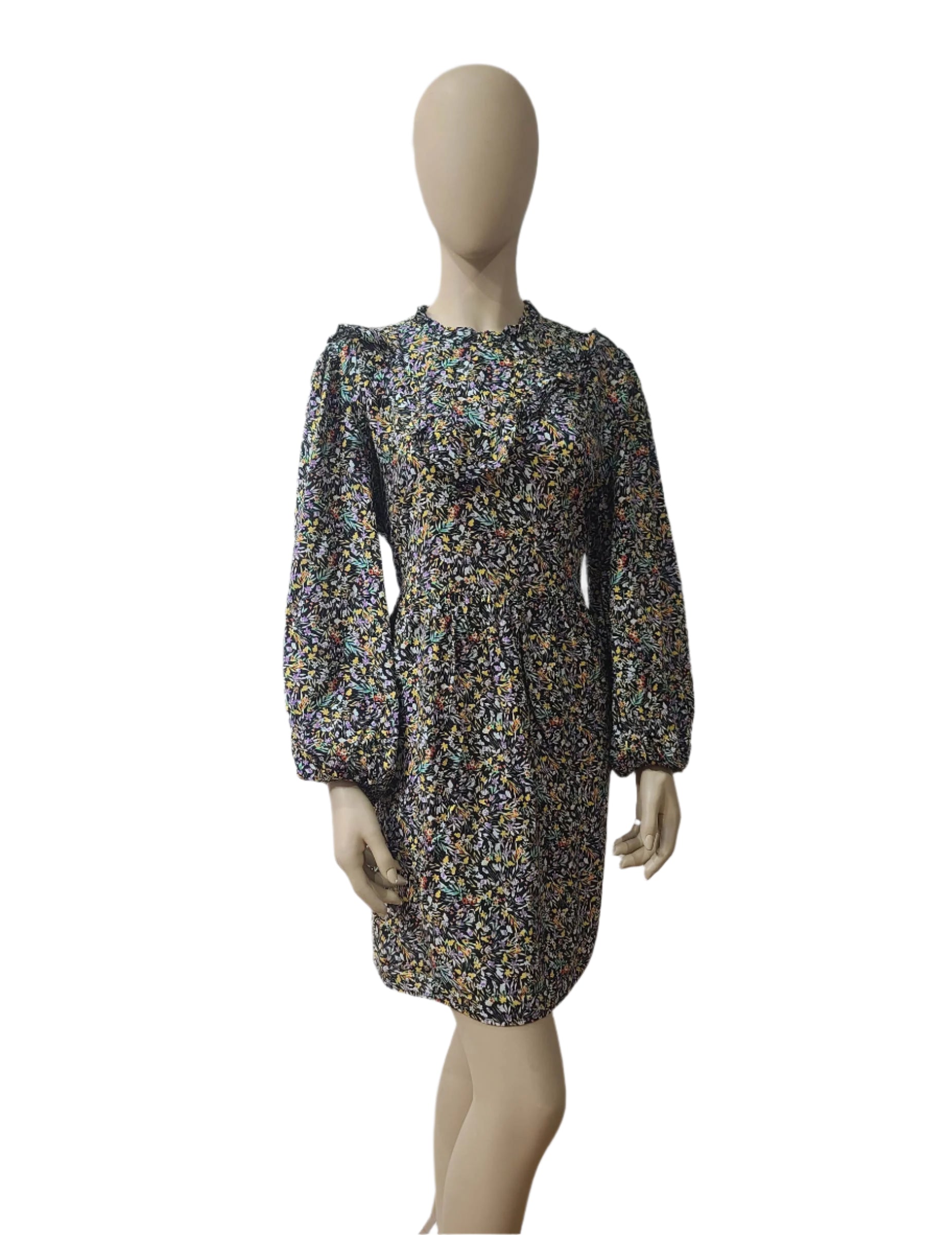 George floral mini dress front – black base with full sleeves
