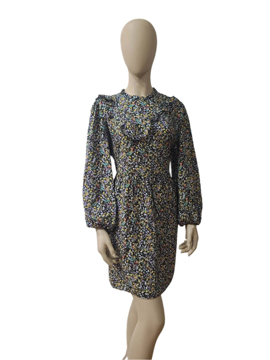George floral mini dress front – black base with full sleeves