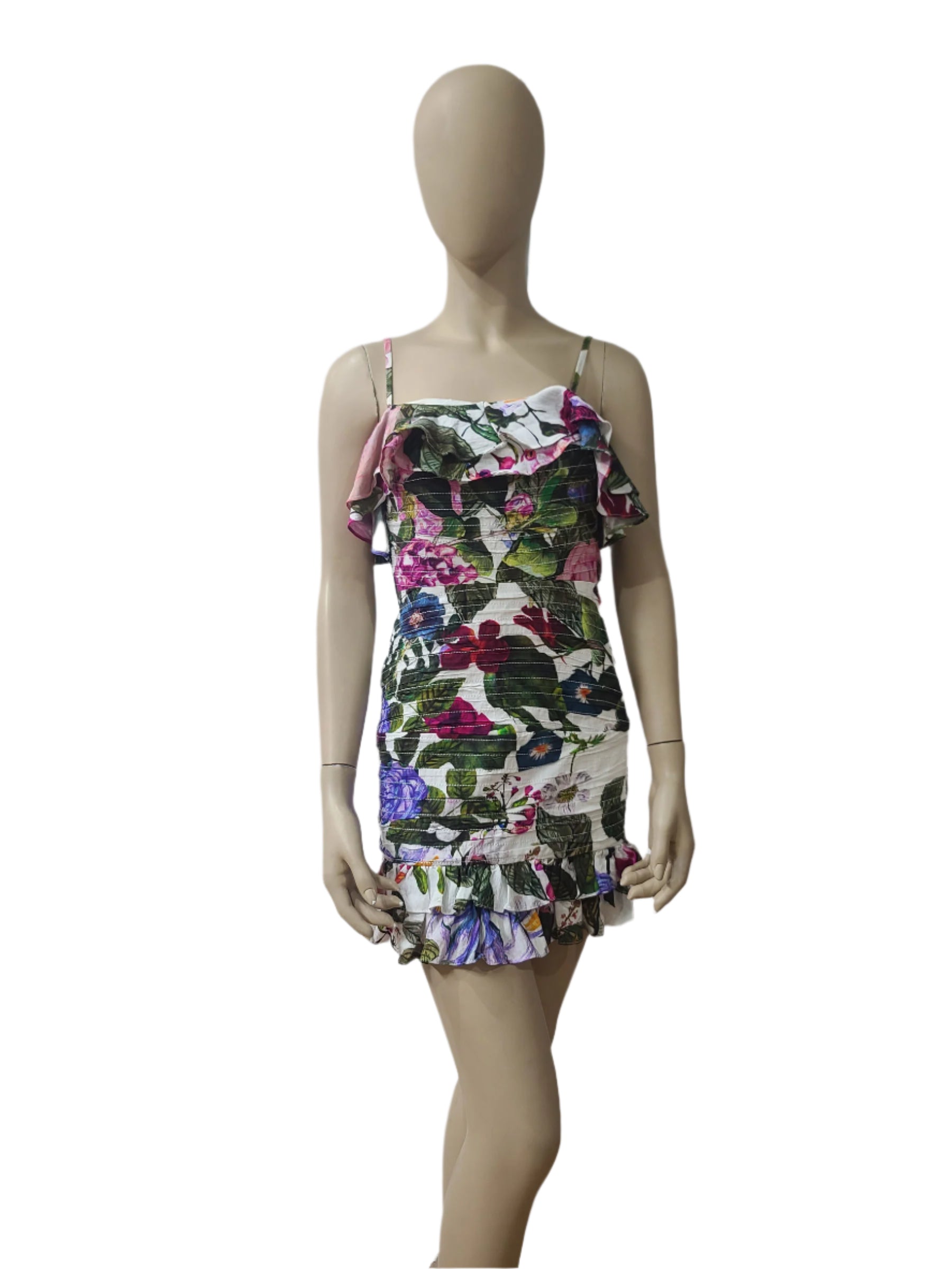 Front view of XS floral mini dress by SHEIKE in white base with colorful print