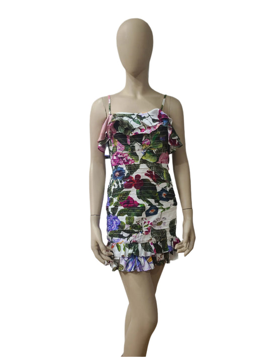 Front view of XS floral mini dress by SHEIKE in white base with colorful print