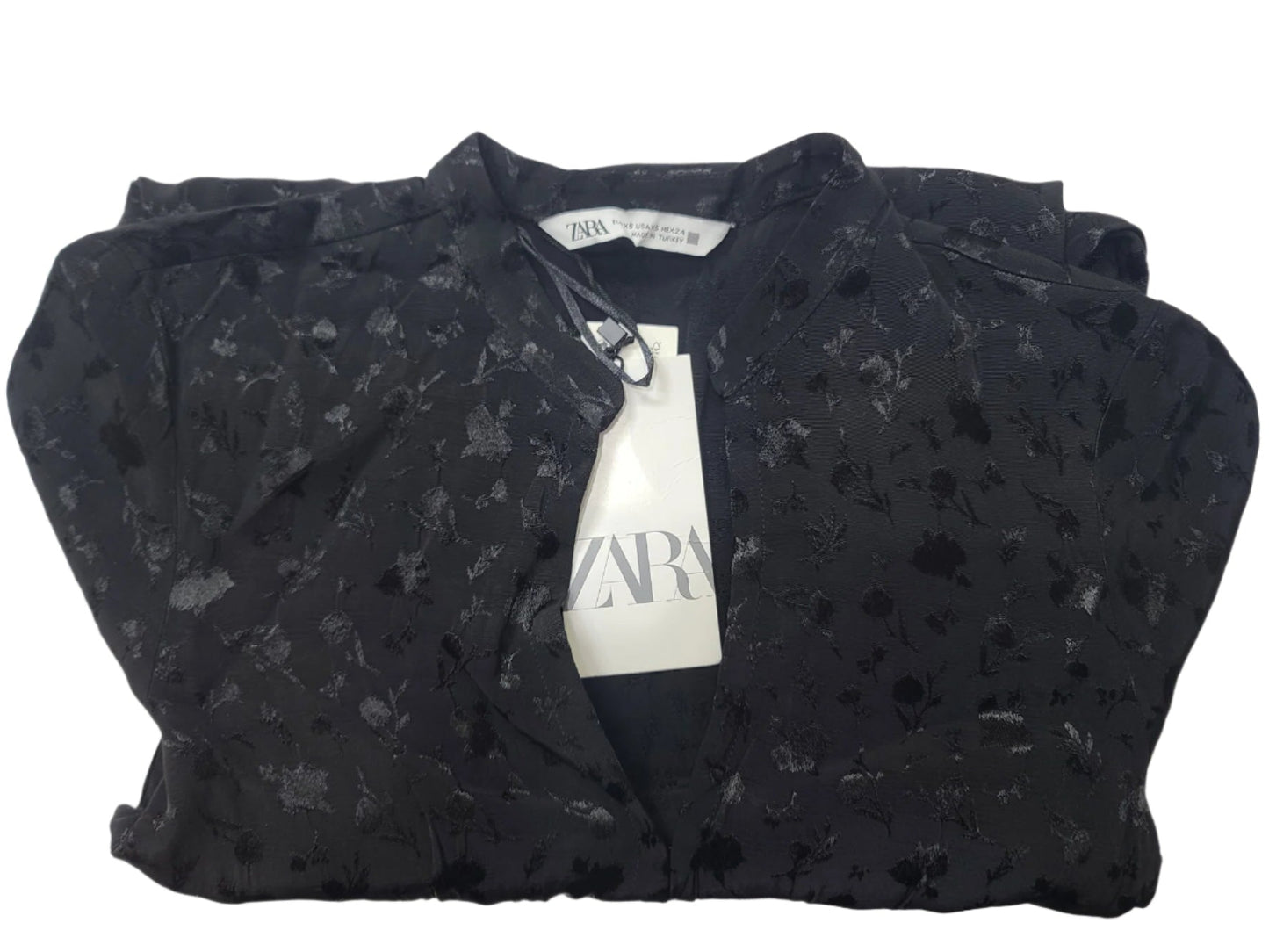 ZARA Ladies Black Mini Dress – V Neck, Full Sleeve, Silk Fabric Small