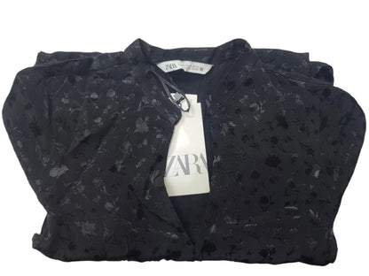 ZARA Ladies Black Mini Dress – V Neck, Full Sleeve, Silk Fabric Small