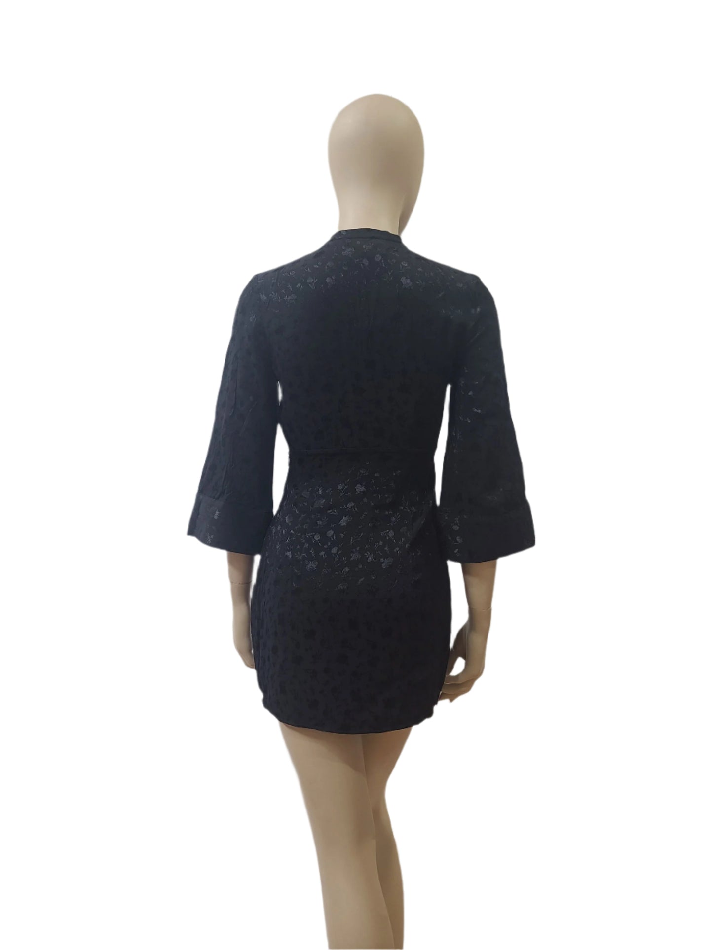 ZARA Ladies Black Mini Dress – V Neck, Full Sleeve, Silk Fabric Small