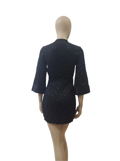 ZARA Ladies Black Mini Dress – V Neck, Full Sleeve, Silk Fabric Small