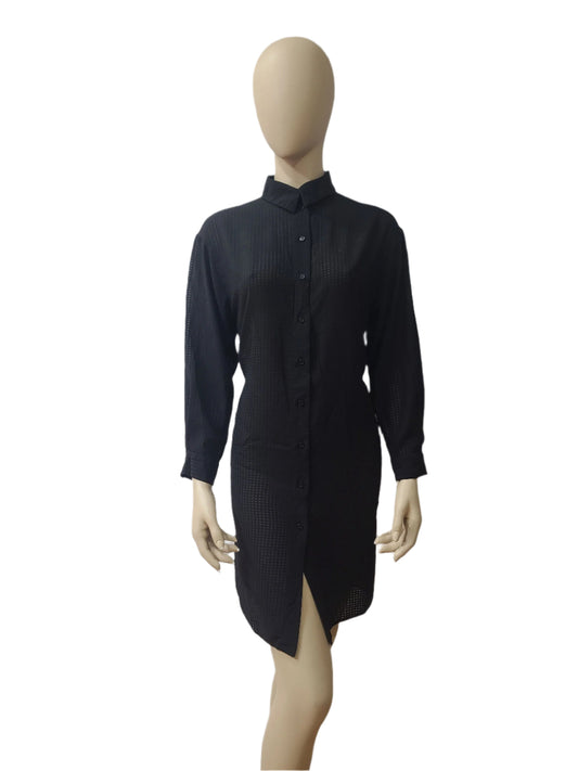 "Front view of black buttoned mini dress with collar neckline and full sleeves – displayed on mannequin"