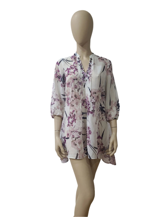 White and pink floral mini dress with full sleeves – size large