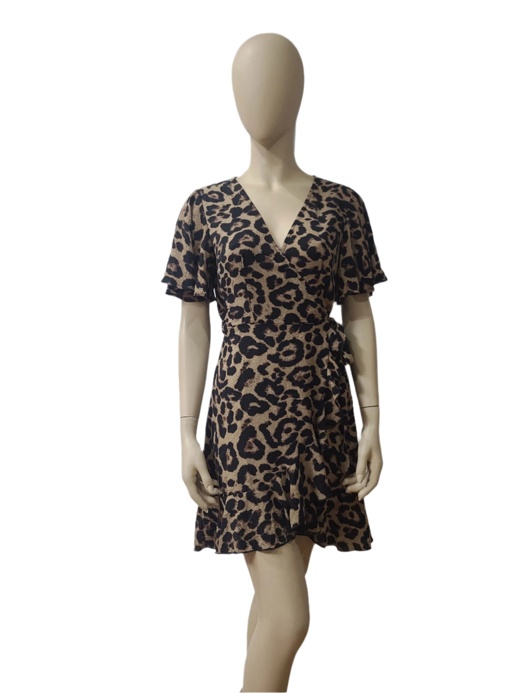  SHEIN leopard print mini dress in beige with v-neck and full sleeves
