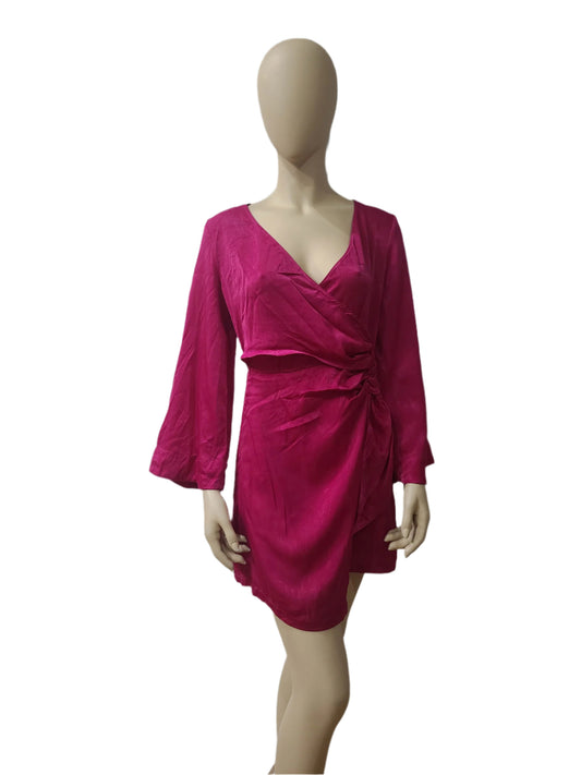 ZARA pink satin mini dress with v-neck and full sleeves – size XS
