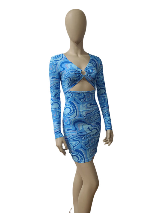 SHEIN abstract blue bodycon mini dress with full sleeves – Extra Small size