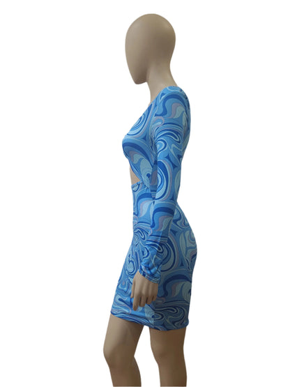 SHEIN Abstract Blue Bodycon Mini Dress – Extra Small Size