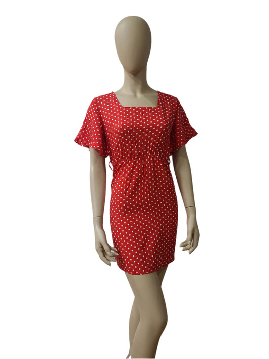 Red cotton mini dress with white polka dots – small size