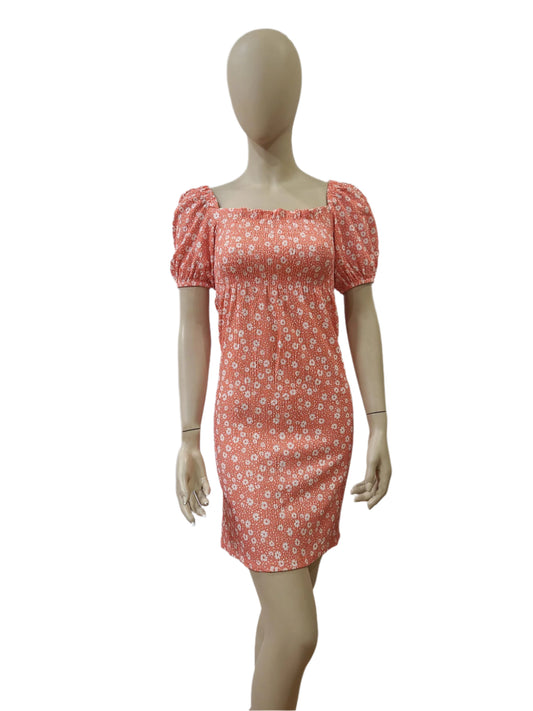 Peach floral smocked mini dress with puff sleeves – extra small size