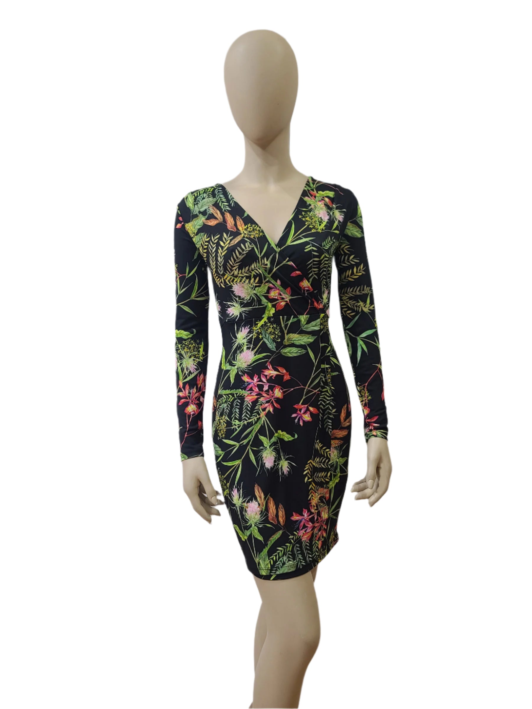 Tropical floral print wrap mini dress with long sleeves – extra small size

