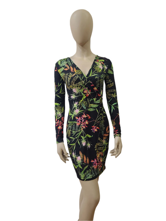 Tropical floral print wrap mini dress with long sleeves – extra small size

