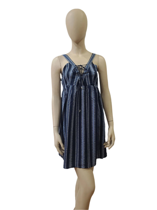 Navy blue striped sleeveless mini dress with front tie – large size