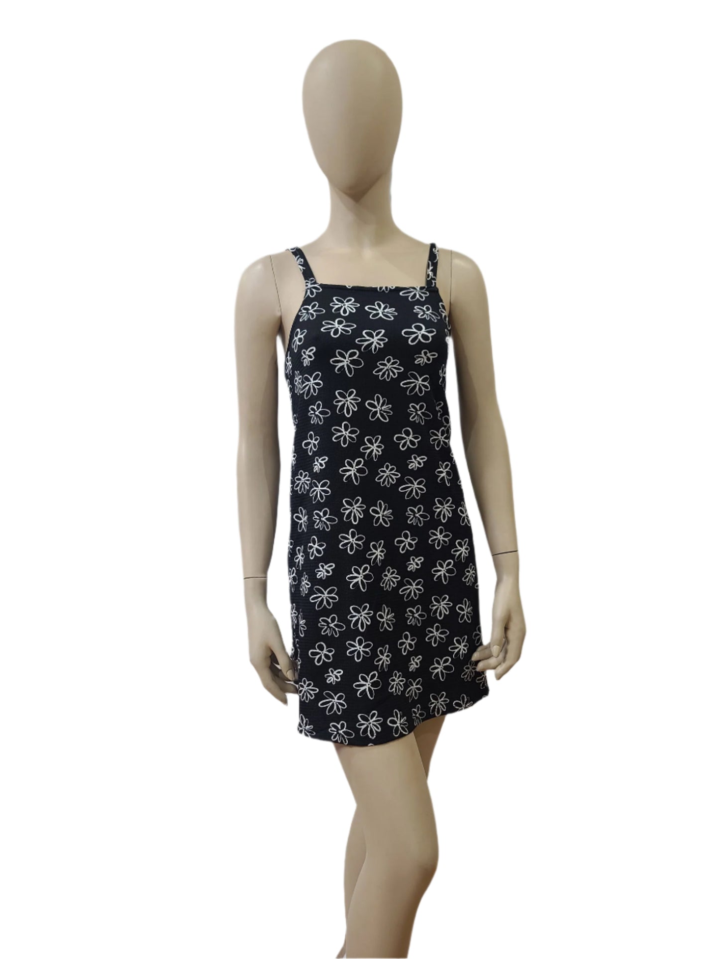 PRIMARK black mini dress with white daisy print – sleeveless, size medium