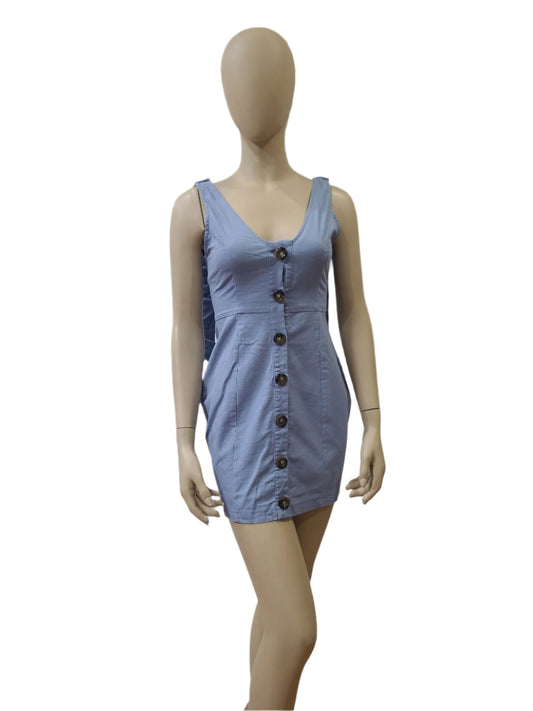PRETTYLITTLETHING light blue cotton sleeveless mini dress with buttons – size small